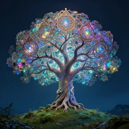 magical chromatic glowing tree of life in a hill, centralized, ethereal, rich, fantasy, smooth, sharp focus, high detailed digital art, ultra wide shot, lush colors, in the style of greg rutkowski and hans zatzka, highly realistic, exquisite ornate metal gothic icon heavy patina, delicate, the secret of nihm