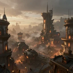panoramic photography of steampunk city center at dawn lights smog, concept art landscape dynamic lighting digital art