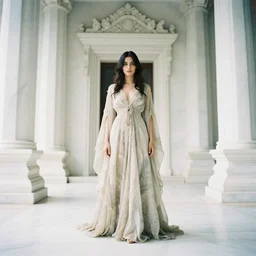 a full body portrait of a woman wearing an intricate billowing dress, inside a white marble temple, in the style of irakli nadar, soft lighting, film photography