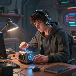 an intricate concept art illustration of a man wearing a hoodie with headset, inventing a tiny machine on his table, anime style, scifi bedroom vibe, style of ivan talavera and artgerm, hyper realistic, photo - realistic, octane render, artstation, cgsociety, cinematic light