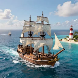 pirate ship in caribbean sea in the distance. to the right of the image a lighthouse on a small strip of coast. birds eye view. hyperrealistic. 3 d render.