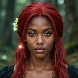 beautiful portrait, ( ( head shot ) ), brown skin, sharp focus, ffxiv, neo classic, red hair, bloom, movie still, dogi, sony, symmetrical, makeup, sephora, loreal, green highlights, lens flare, studio light, octane render, maybelline, model, forest, traditional, vsco, bokeh, 8 k