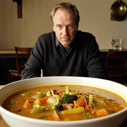 patrick stewart sitting in a big bowl of vegetable stew