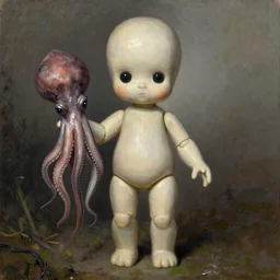 The Plain Doll from Bloodborne holding a squid, oil on canvas, by Norman Rockwell