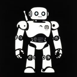 mech robot, linocut, flat art, black and white, digital