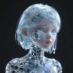crystalline crying robot girl by artstation, unreal engine, photorealistic