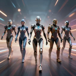 speed, diverse interstellar cybersuits, from behind, motion blur, bokeh, wide wide angle, vivid, elaborate, highly detailed, beautiful lighting
