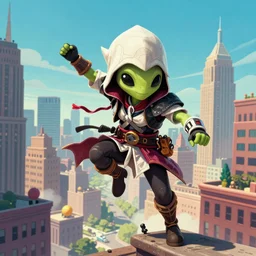 a detailed cute alien from assassin's creed in an action pose parkour freerunning mirror's edge in the style of lisa frank and escher background 1 9 9 0's new york, digital art, artstation hd, ubisoft concept art, concept art