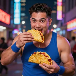 sumo wrestler eating crunchy classic taco, holding hot sauce, portrait, photo realism, bokeh background, neon lights, city background, high definition, slr