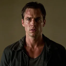 Caesar as The American Psycho, cinematic still, sweating hard