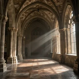 luxury interior of a medieval monastery volumetric light morning cinematic photo,
