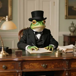 cinematic, beautiful, ultra detailed, precise, award winning photo by saul leiter of an aristocrat animal frog wearing a perfect suit and a perfect hat sitting behind a perfect victorian desk, 1 9 4 0 s, vintage photography