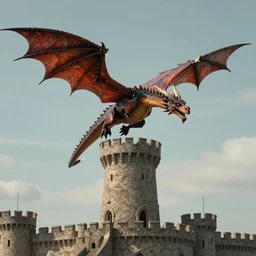 a dragon flying around a medieval tower