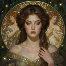 symmetry portrait of welsh brunette princess, glam, fireflies, forest background, intricate, elegant, highly detailed, digital painting, artstation, concept art, smooth, sharp focus, illustration, art by artgerm and greg rutkowski and fra angelico and alphons mucha