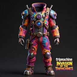 photo of a steampunk jump suit, band merchandise, bandname is tripmachine, tourname is invasion of the tripmachines, realistic digital art, jump suit is textured with a 3 d render of a huge futuristic steampunk generator, 8 k, fluorescent colors, halluzinogenic, multicolored, exaggerated detailed, unreal engine