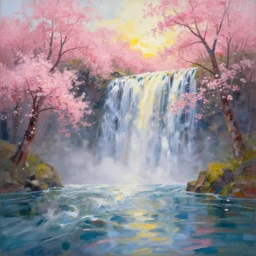 the most beautiful abstract painting, where a giant dreamy waterfall creates a river, the trees around are starting to bloom in pink color, a ray light of the sunset is brightening the subject, by greg rutkowski
