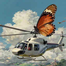 a giant butterfly stay on the top of a helicopter, by miyazaki nausicaa ghibli, breath of the wild style, epic composition