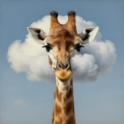 portrait of a giraffe with clouds covering its face, surreal painting by rene magritte