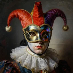 a baroque neoclassicist close - up portrait of a colorful jester gazing intensely wearing an iridescent uv blacklight retrofuturistic venetian carnival mask at a masquerade, foggy background. renaissance portrait painting. highly detailed science fiction painting by norman rockwell, frank frazetta, and syd mead. rich colors, high contrast, gloomy atmosphere, dark background. trending on artstation