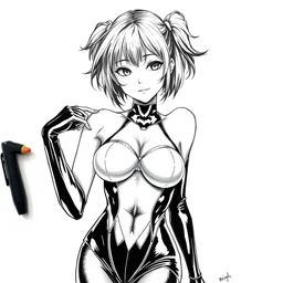beautiful aesthetic inspirational masterful professional ink pen liner sketch of a 1 9 9 0 s anime japanese girl posing in latex leotard, marvel style, concept art, fine details, trending on artstation, high quality paper, instagram photo