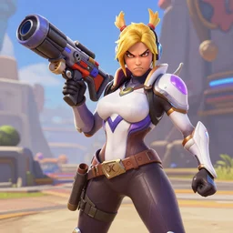 Mercy from Overwatch, angry, with a Rocket Launcher, in game screenshot, in game engine, HD