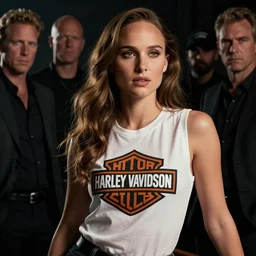 a beautiful natalie portman, sleeveless t - shirt with harley davidson logo, seductive pose, ultrarealistic, dramatic lighting, cinematic, artstation, high detail, by hajime sorayama, peter mohrbacher, boris vallejo, aaron horkey