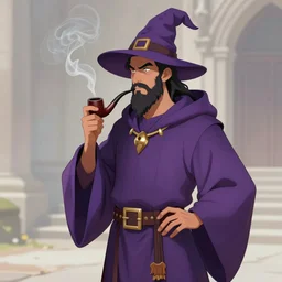 gnome archmage wearing purple robes, a floppy wizard hat, and smoking a pipe artstation