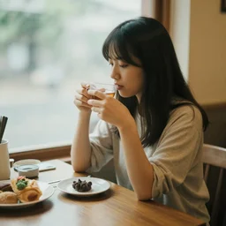 a girl sitting on a dinner having tea, lo - fi