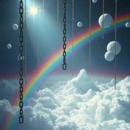 surreal environment suspended in space from chain rainbows