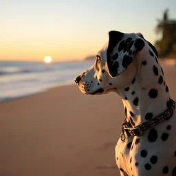 a dalmatian at the beach during sunset. bright scene.