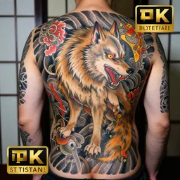 photograph of a Japanese back tattoo, colourful ink, traditional Japanese pattern depicting a werewolf, highly-detailed, beautiful, award winning, 8k