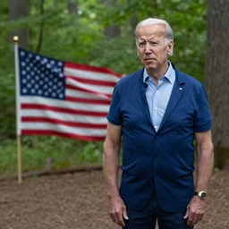 joe biden standing in a forest looking confused. an american flag stuck in the ground in the back.
