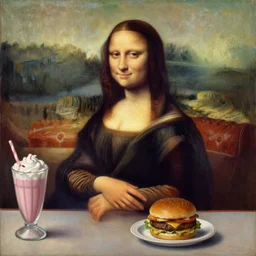 a painting the style of renoir of the mona lisa sitting in an american diner enjoying a milkshake and a hamburger. it's nightime