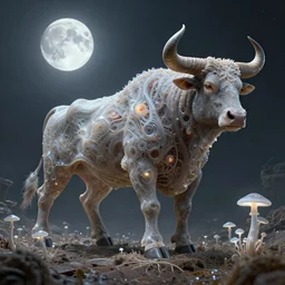 a theriomorphic holobiont, concept art, mycorrhiza, bull with horns, mushroom, moon, translucidluminescence, intricate, kim jung gi, james jean, shaun tan, meridians, organic detail, cinematic, epic wide shot, ultra detailed, sharp focus, smooth, global illumination, photorealistic, 8 k render