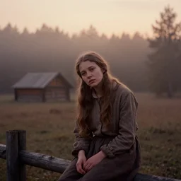medium shot portrait bust of young woman sitting on fence, tired expression, faded color film, russian cinema, tarkovsky, technicolor, heavy forest, wood cabin in distance, shallow depth of field, long brown hair, old clothing, heavy fog, brown color palette, sunset, low light, hudson river school, 4 k, dramatic lighting