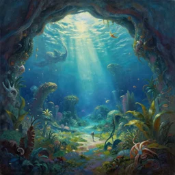 scenery artwork, scene beautiful, light!! light essential underground ocean world atlantis and nature vegetation with daylight, surrealism oil on canvas, artstation!! pixiv!! dream scenery, quality astral projection render, nier automata concept art, vaporwave textures