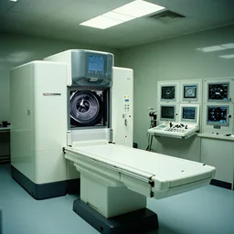 an mri image machine and control panels in the glass laboratory room, film still from the movie directed by denis villeneuve with art direction by salvador dali, wide lens