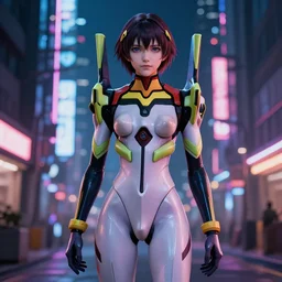 lain iwakura from serial experiments lain wearing in a pale skintight eva plugsuit inspired by evangelion in cyberpunk city night neon street wonderful masterpiece highly detailed scifi, beautiful volumetric lighting deep focus, elegant, sharp focus, golden ratio, volu, ultra realistic, 4 k art by greg rutkowski wlop rossdraws