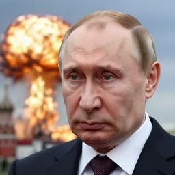 scared face of putin looking in nuclear explotion in moscow, hyper - realistic, sharp focus, depth of field, hyper - detailed visionary art, symmetric, hell, holy halo, dramatic ambient lighting, high detail, vibrant colors,