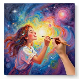 A colorful painting of a joyful artist playing with her creativity in the infinite loving universe