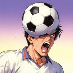 glossy old advertising poster of a a man with a soccer ball for a head, screaming, horror, drawn comic by junji ito, pastels, gradient,