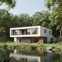 a modern house in a national park, there is a lake next to it, landscape