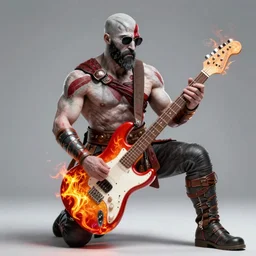 sunglasses wearing kratos rocking out on a flaming stratocaster axe, cinematic render, god of war 2 0 1 8, playstation studios official media, lightning, flames, red stripe, red stripe, clear, coherent, guitar