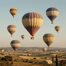 flying adventure. vintage hot air balloons flying high above the landscape renaissance matte painting