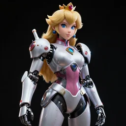 character art of princess Peach wearing a personalized robotic battle suit, extreme detail, photorealism, octane render, black background, cinematic lighting.
