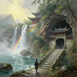 a gorgeous landscape painting by barlowe wayne, maxfield parrish and marco mazzoni. chinese temple. rainy mood!! sunny morning. a lonely chinese wuxia walks on the winding stone steps, stone gate to the dark cave, 3 d, octane render, turbulent lake, waterfall. fog, just one rainbow. 8 k.