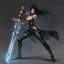 cyberpunk girl wielding a sci - fi sword, electric energy, beautiful, full body shot, getting ready to fight, heroic pose, urban motifs, intricate, elegant, highly detailed, digital painting, trending on artstation, concept art, smooth sharp focus, illustration, art by artgerm and greg rutkowski