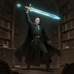 fantasy character illustration of a bald mage in a dark library levitating a glowing sword above holding up a glowing arm, trending on artstation, digital art ( by jesper ejsing ) ( by clint cearley ) ( by raluca marinescu ) ( by anna steinbauer )
