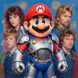 portrait of super mario!! wearing cybernetic power armor. intricate painting by ross tran, magali villeneuve, and jeremy mann. mario color scheme