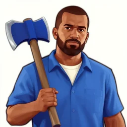 man with blue shirt, brown skin, beard, and a blue pickaxe in grand theft auto art style, dnd character art portrait, matte fantasy painting, deviantart artstation, by jason felix by steve argyle by tyler jacobson by peter mohrbacher, cinema c 9. 0